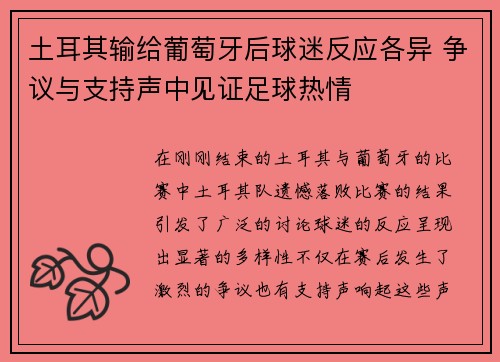 土耳其输给葡萄牙后球迷反应各异 争议与支持声中见证足球热情