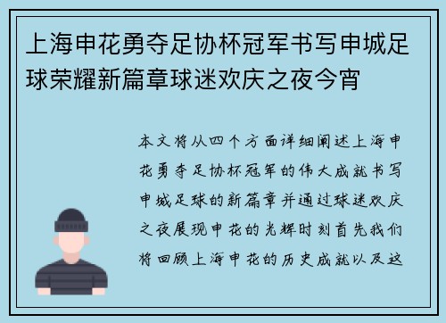 上海申花勇夺足协杯冠军书写申城足球荣耀新篇章球迷欢庆之夜今宵
